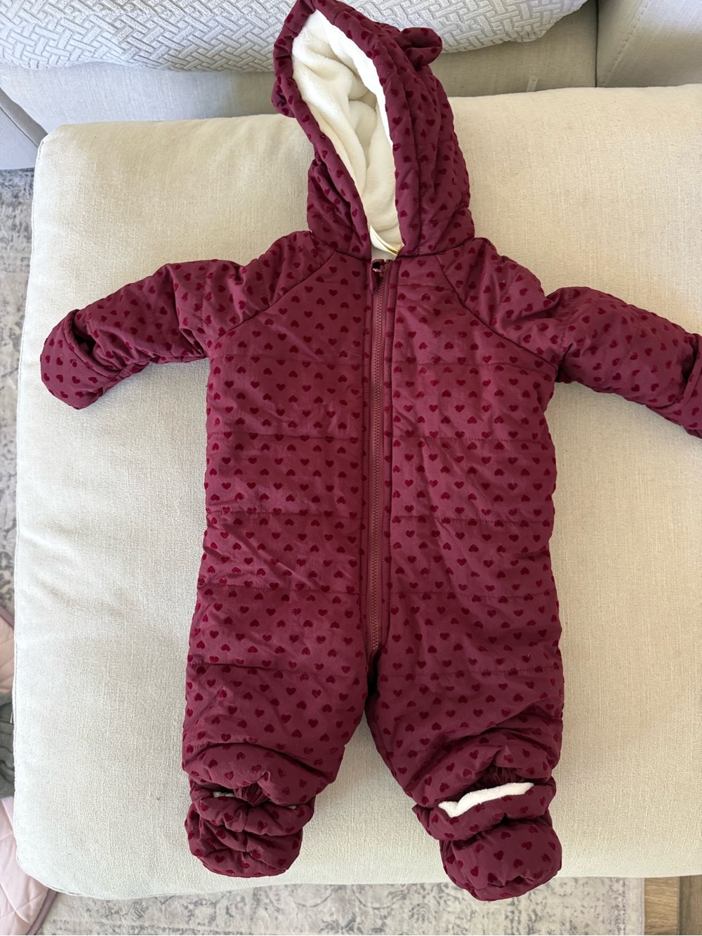 First Impressions Maroon Heart-Print Hooded One-Piece Footie